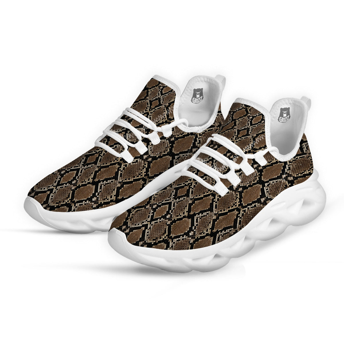 Snakeskin Python Brown Print White Running Shoes-grizzshop
