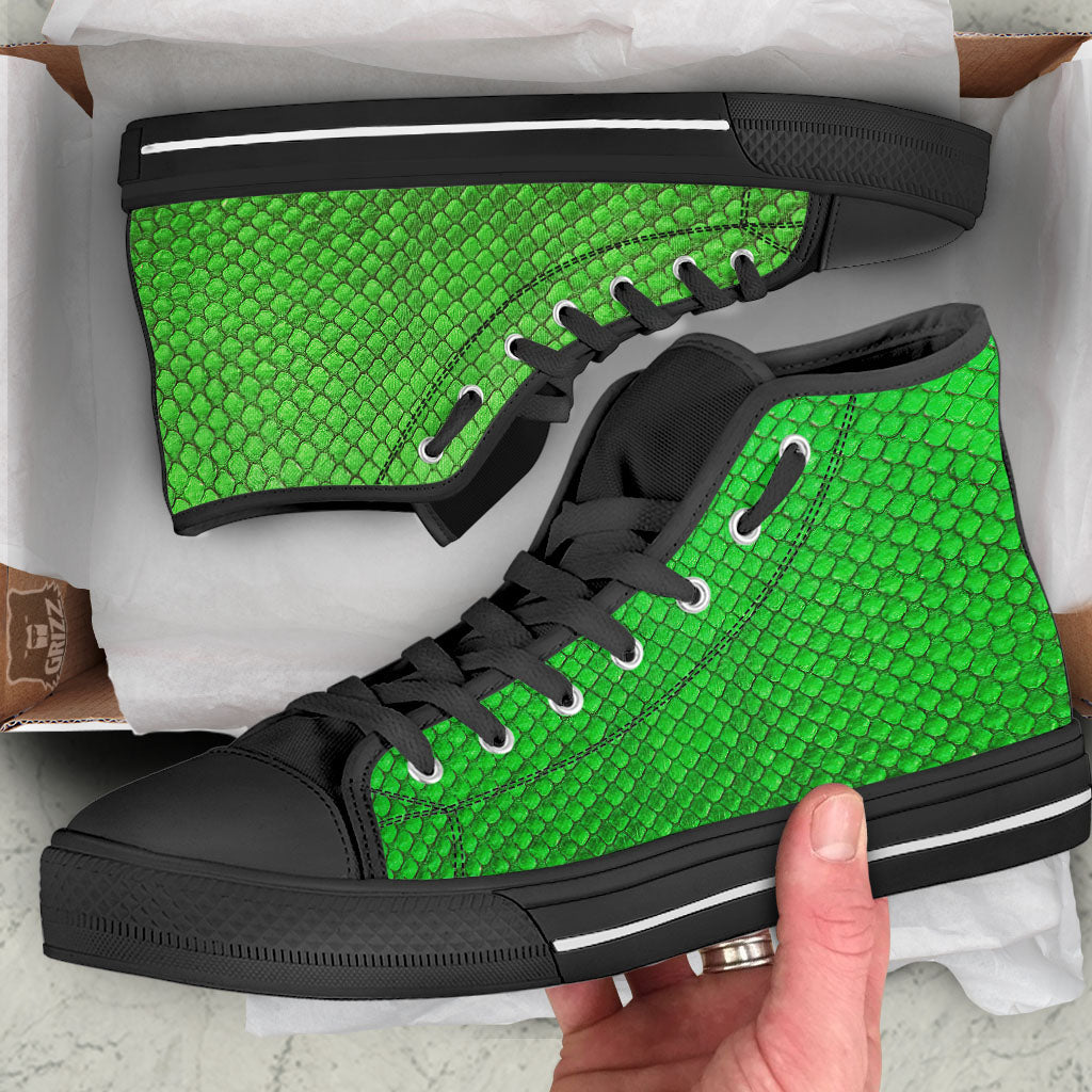 Snakeskin Python Green Print Black High Top Shoes-grizzshop