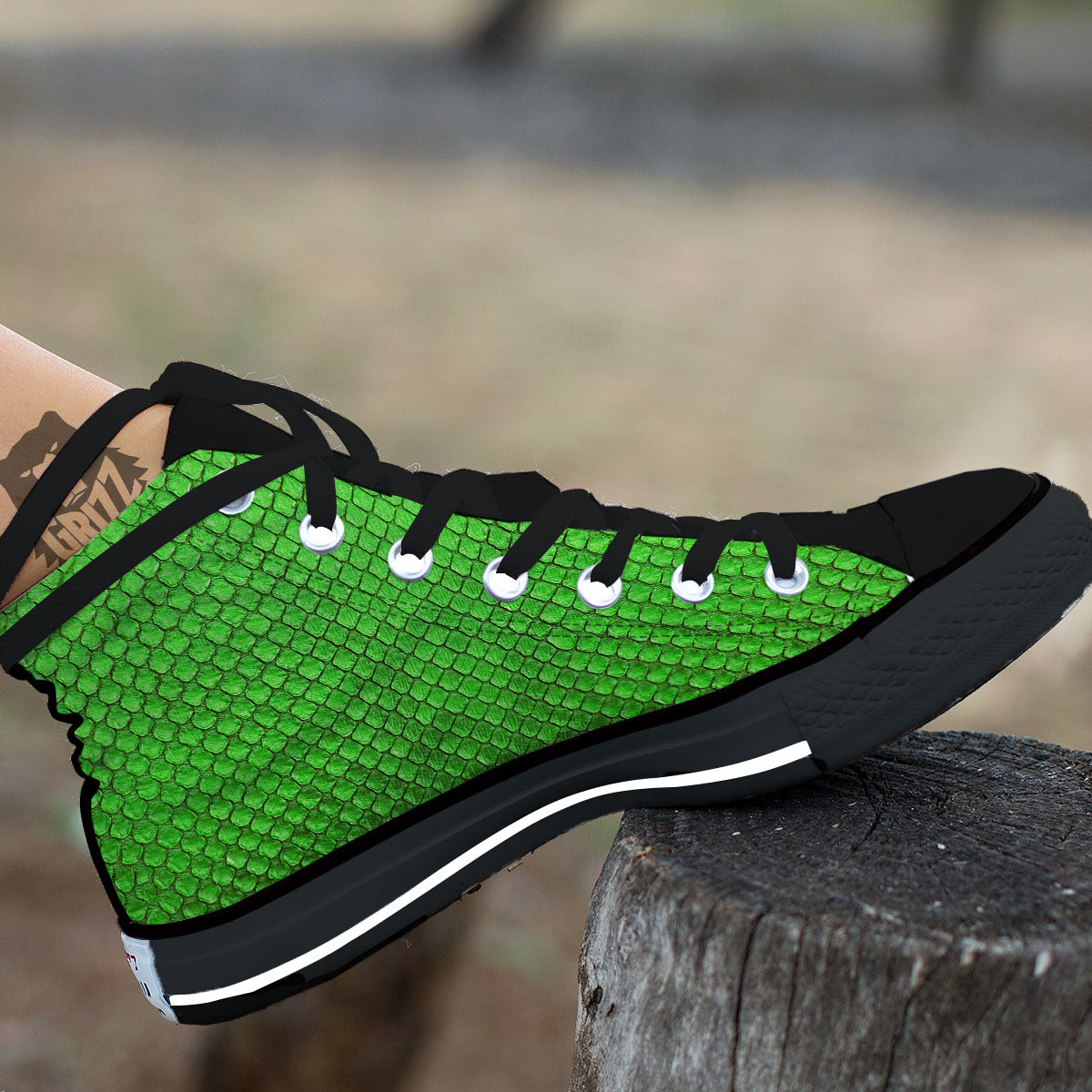 Snakeskin Python Green Print Black High Top Shoes-grizzshop