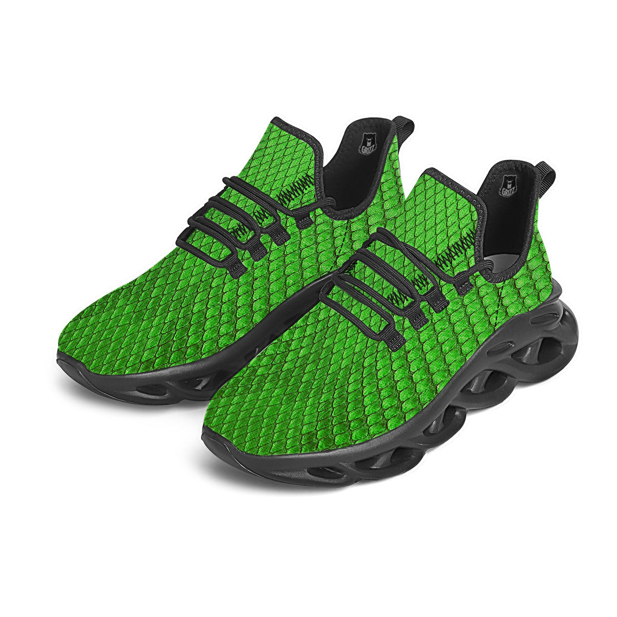 Snakeskin Python Green Print Black Running Shoes-grizzshop