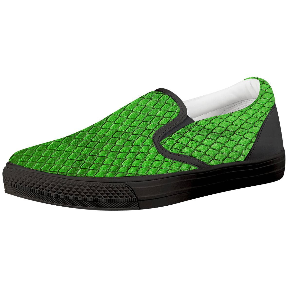 Snakeskin Python Green Print Black Slip On Shoes-grizzshop