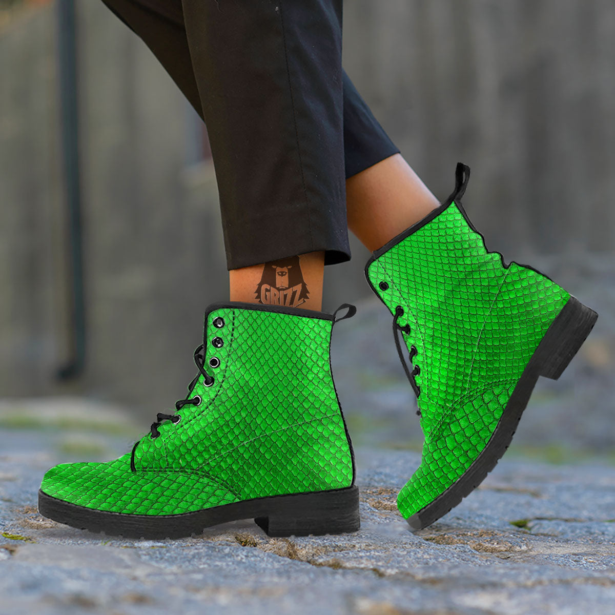 Snakeskin Python Green Print Leather Boots-grizzshop