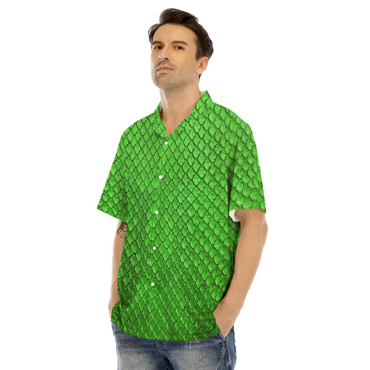 Snakeskin Python Green Print Men's Hawaiian Shirt-grizzshop