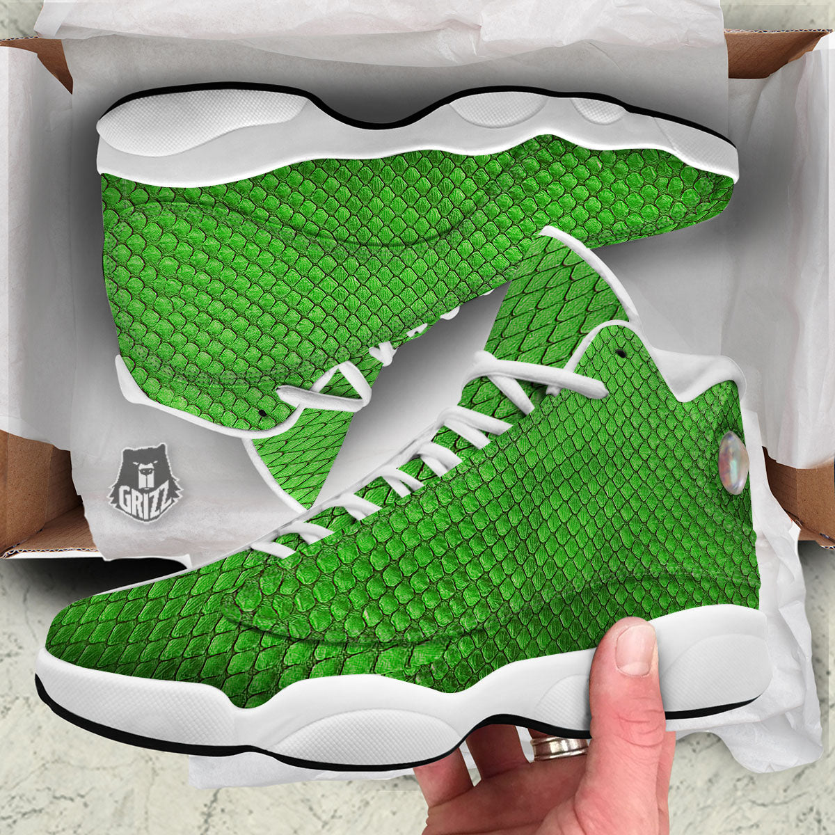Snakeskin Python Green Print White Basketball Shoes-grizzshop