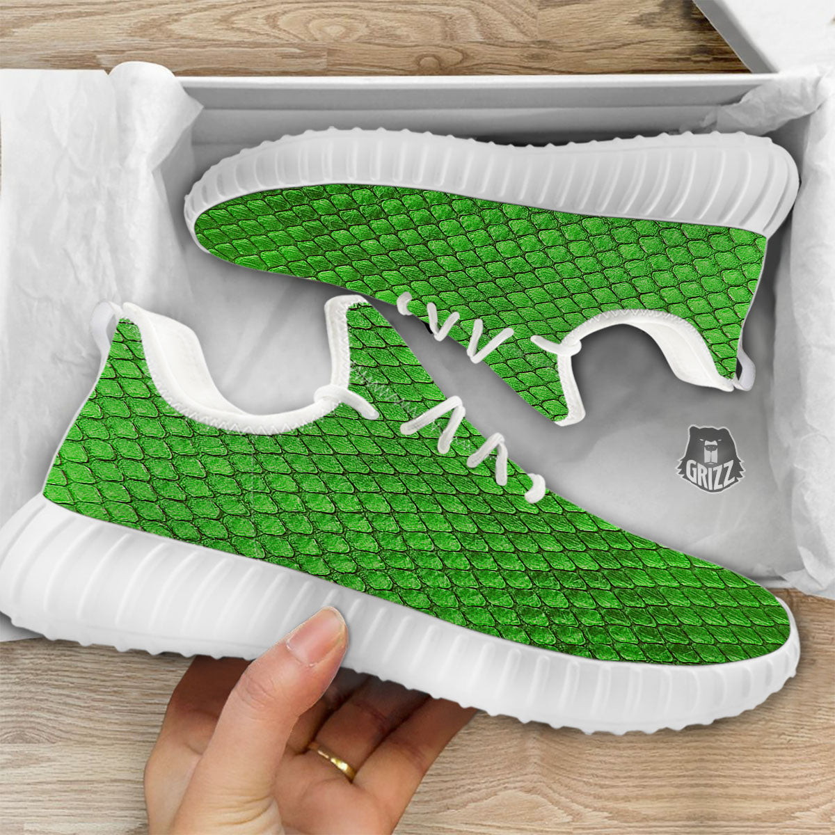 Snakeskin Python Green Print White Walking Shoes-grizzshop