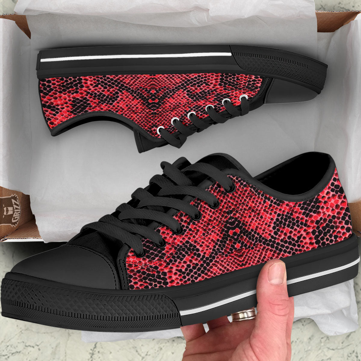 Snakeskin Python Red Print Black Low Top Shoes-grizzshop