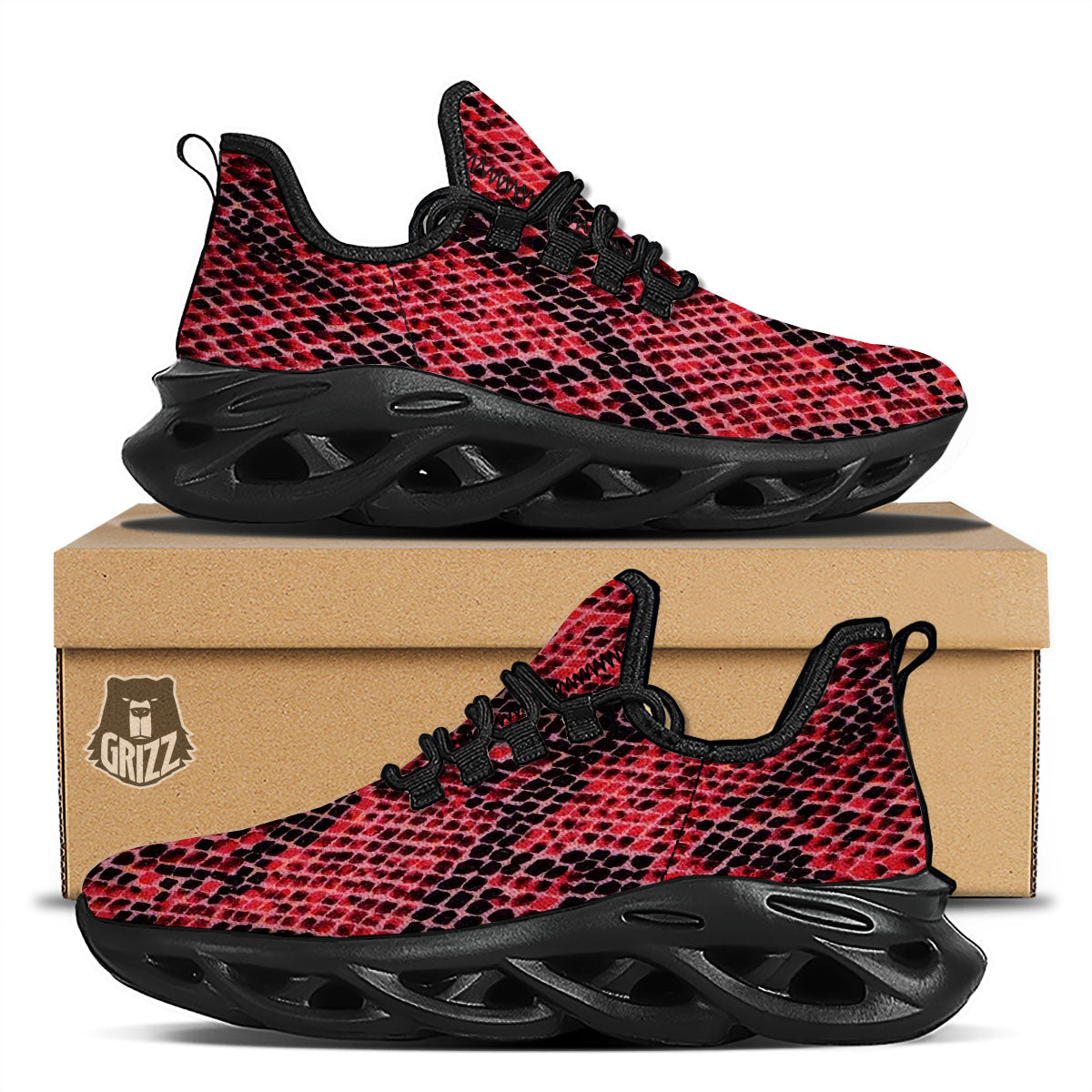 Snakeskin Python Red Print Black Running Shoes-grizzshop