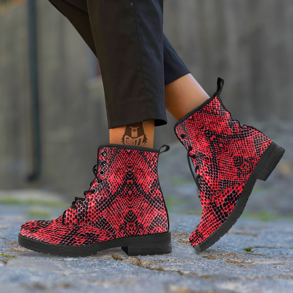 Snakeskin Python Red Print Leather Boots-grizzshop