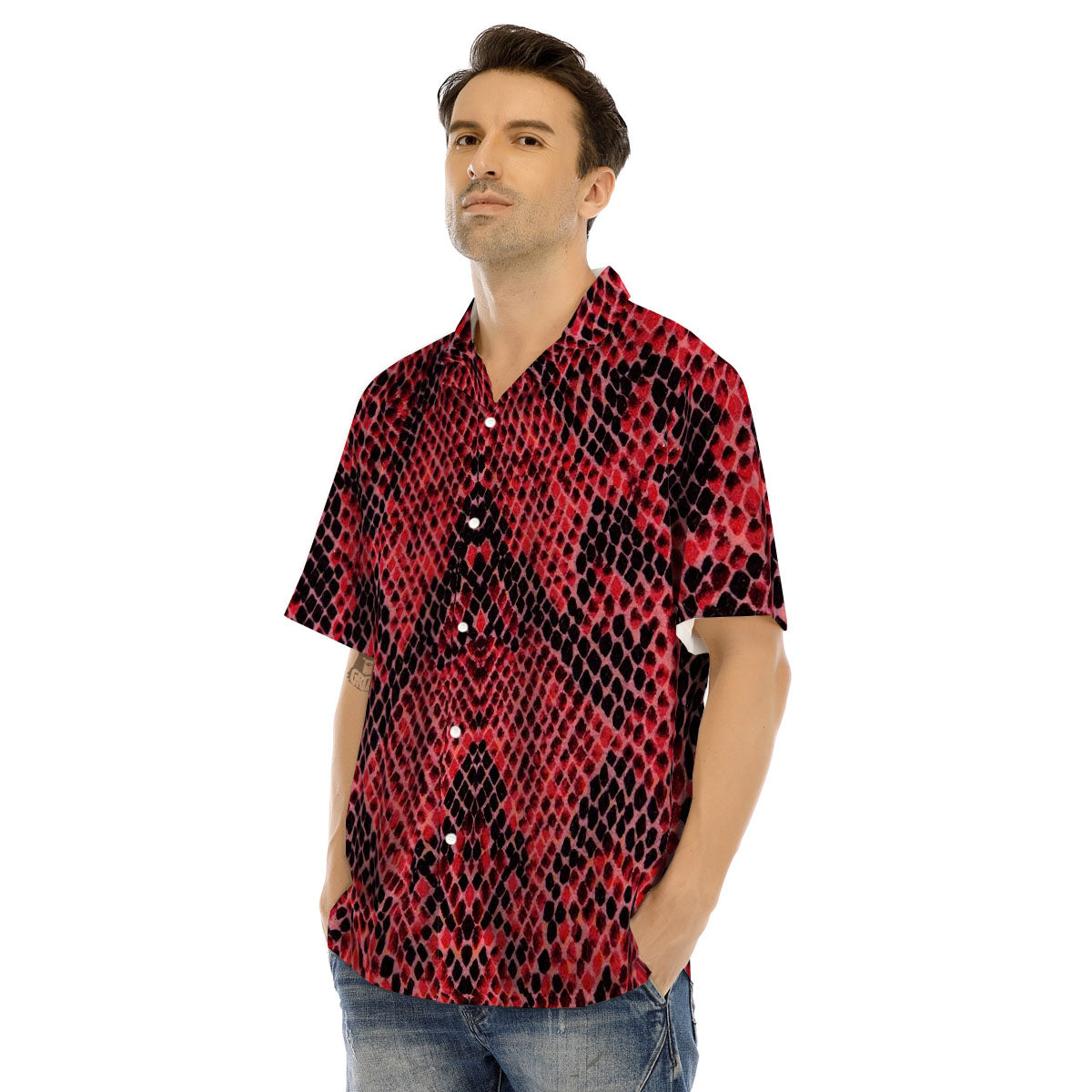 Snakeskin Python Red Print Men's Hawaiian Shirt-grizzshop