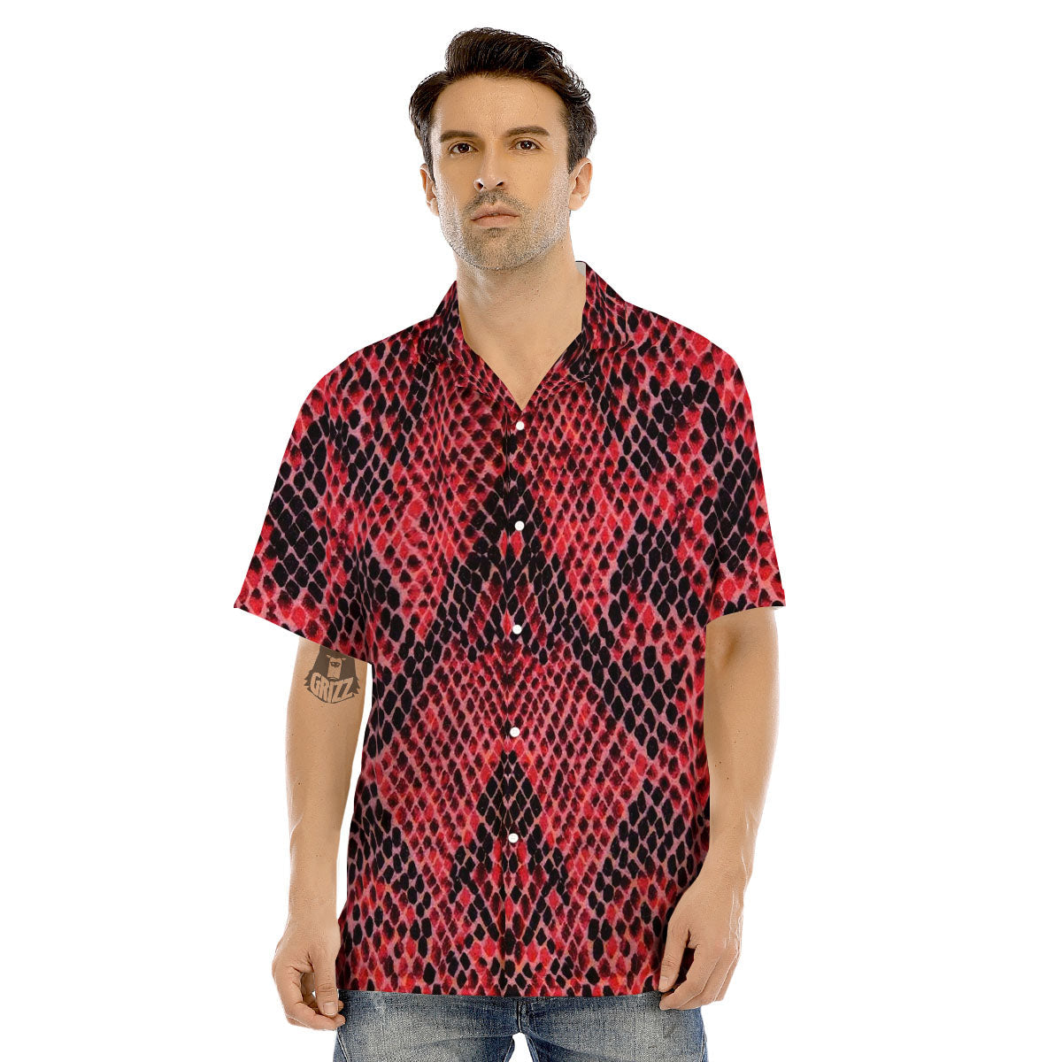 Snakeskin Python Red Print Men's Hawaiian Shirt-grizzshop