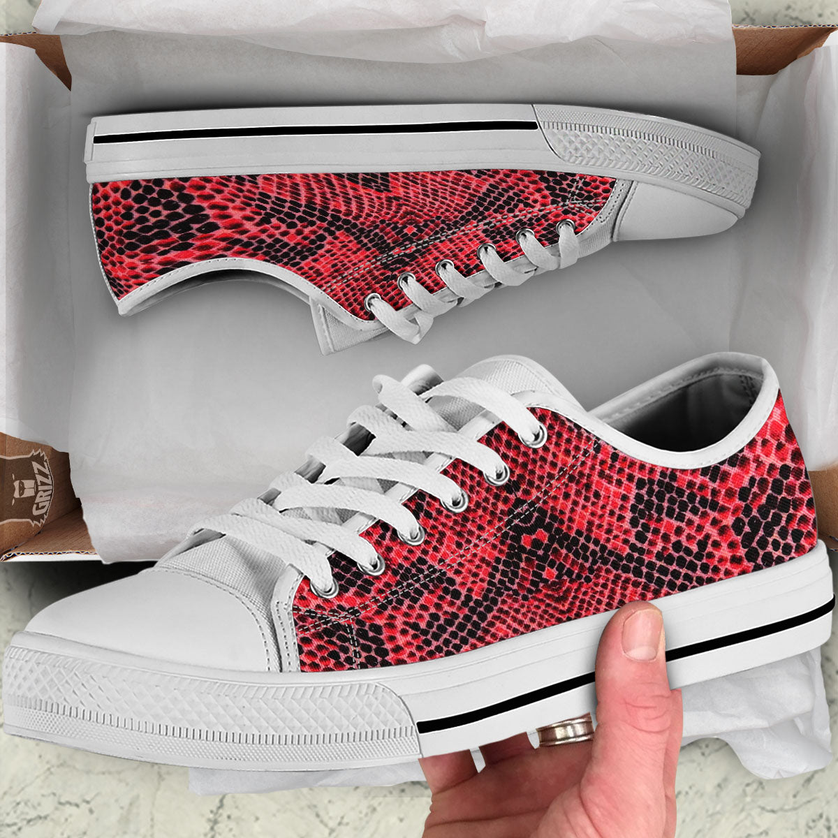 Snakeskin Python Red Print White Low Top Shoes-grizzshop