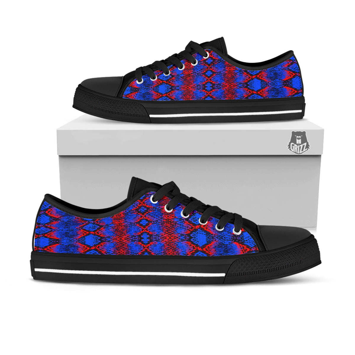 Snakeskin Red And Blue Print Black Low Top Shoes-grizzshop