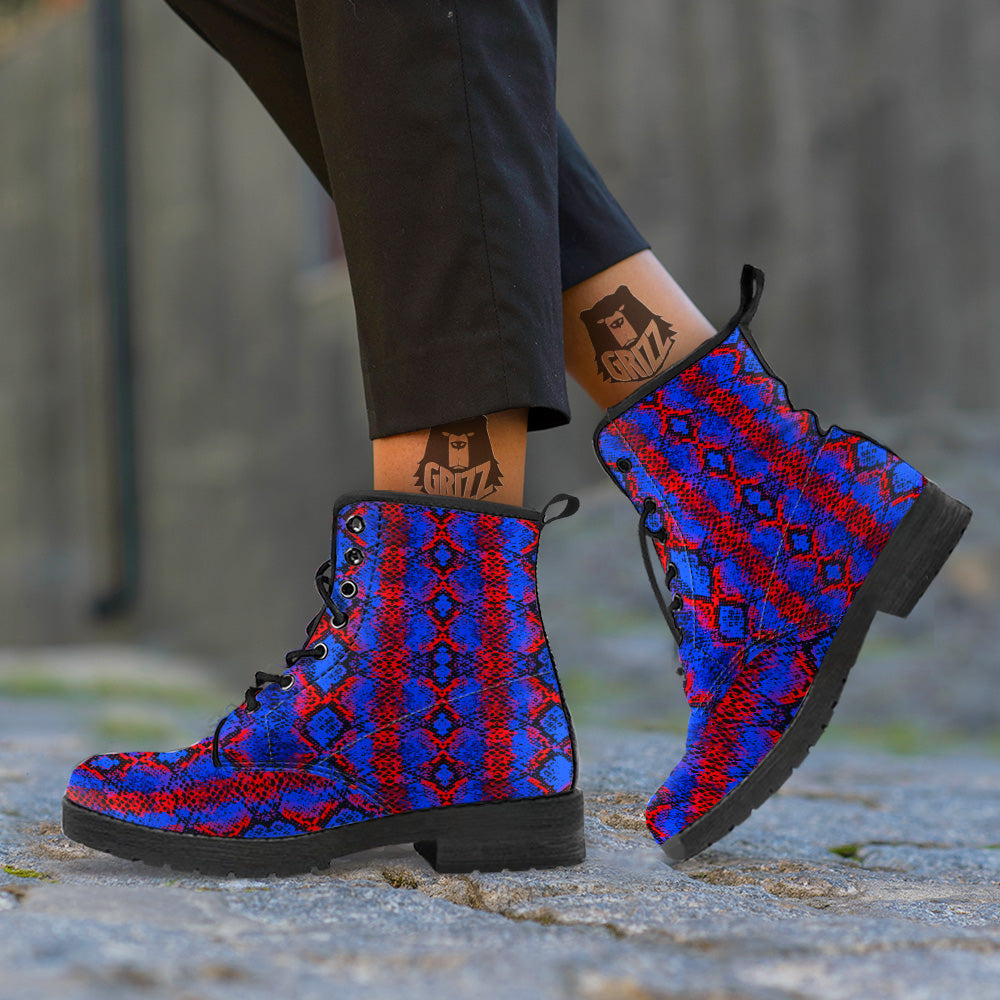 Snakeskin Red And Blue Print Leather Boots-grizzshop