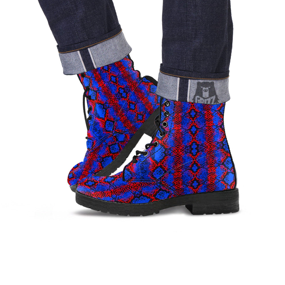 Snakeskin Red And Blue Print Leather Boots-grizzshop