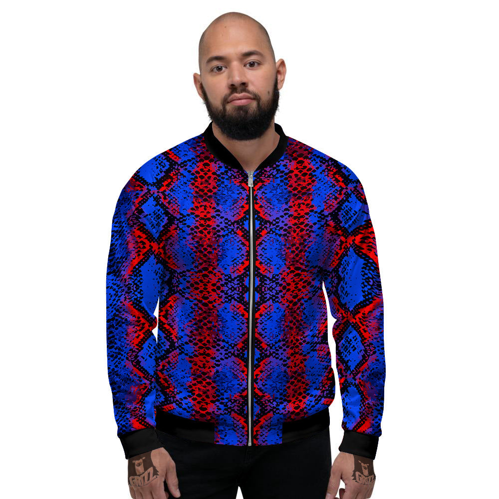 Snakeskin Red And Blue Print Men's Bomber Jacket-grizzshop