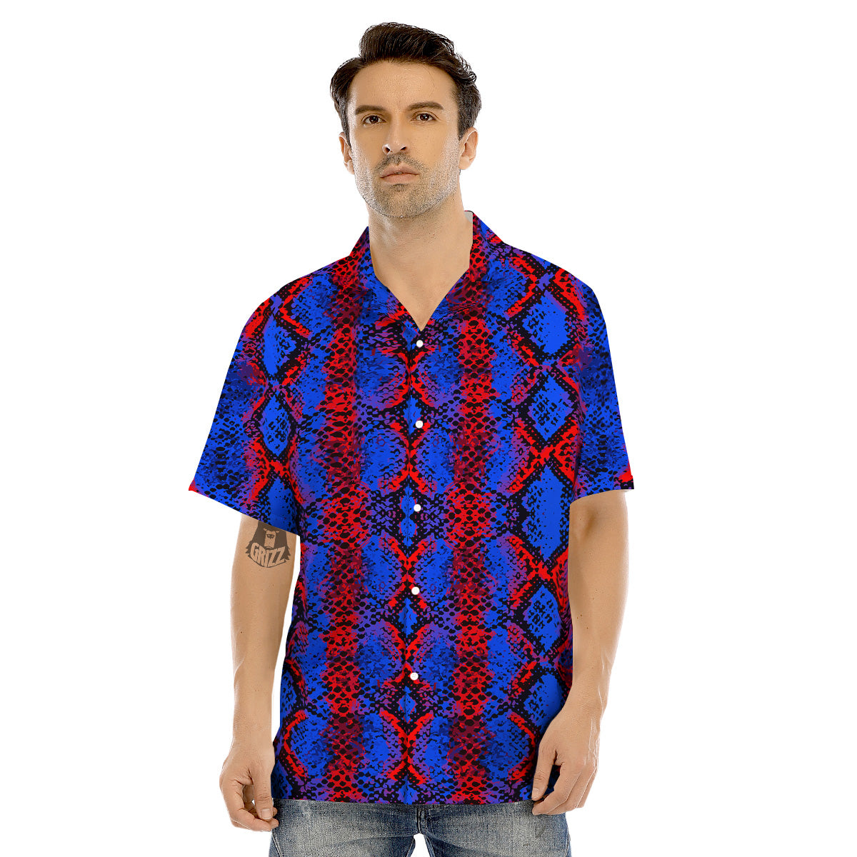 Snakeskin Red And Blue Print Men's Hawaiian Shirt-grizzshop