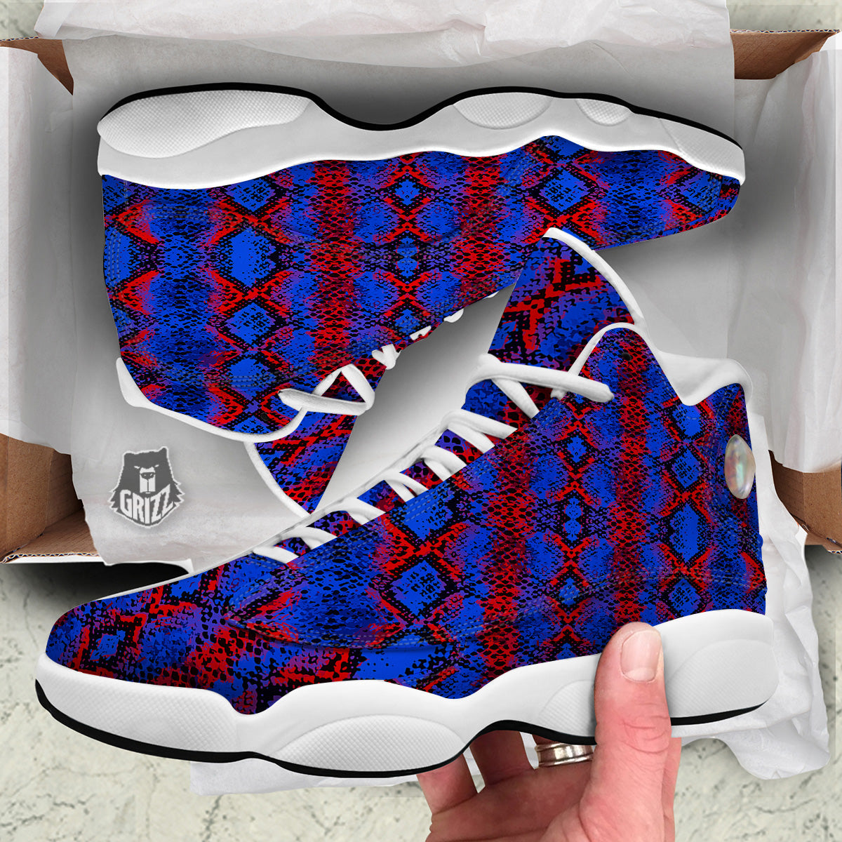Snakeskin Red And Blue Print White Basketball Shoes-grizzshop