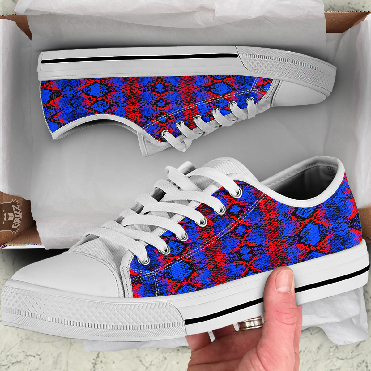 Snakeskin Red And Blue Print White Low Top Shoes-grizzshop
