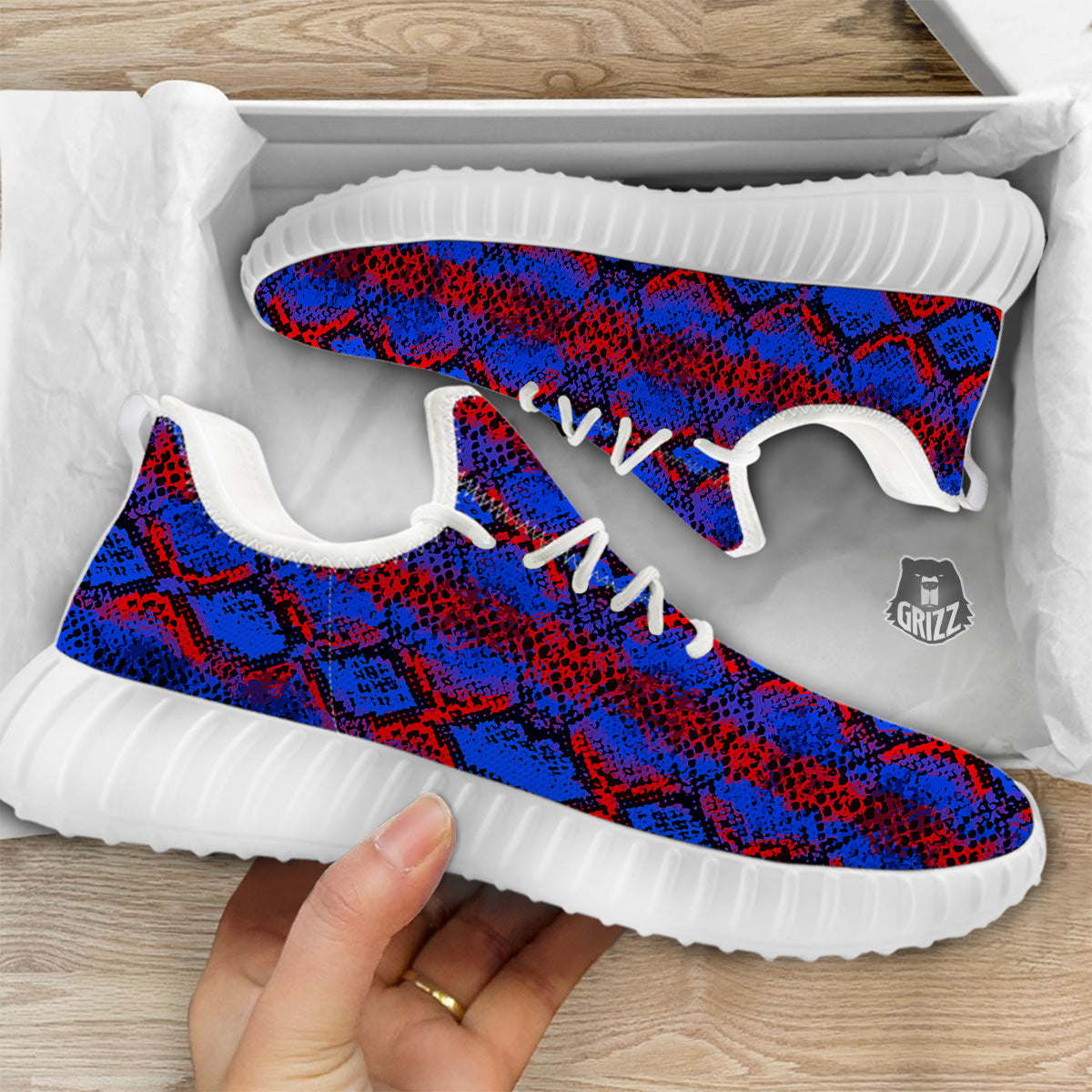 Snakeskin Red And Blue Print White Walking Shoes-grizzshop