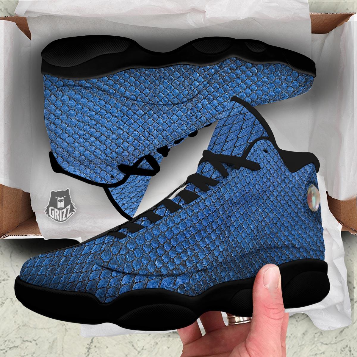 Snakeskin Steel Blue Print Black Basketball Shoes-grizzshop