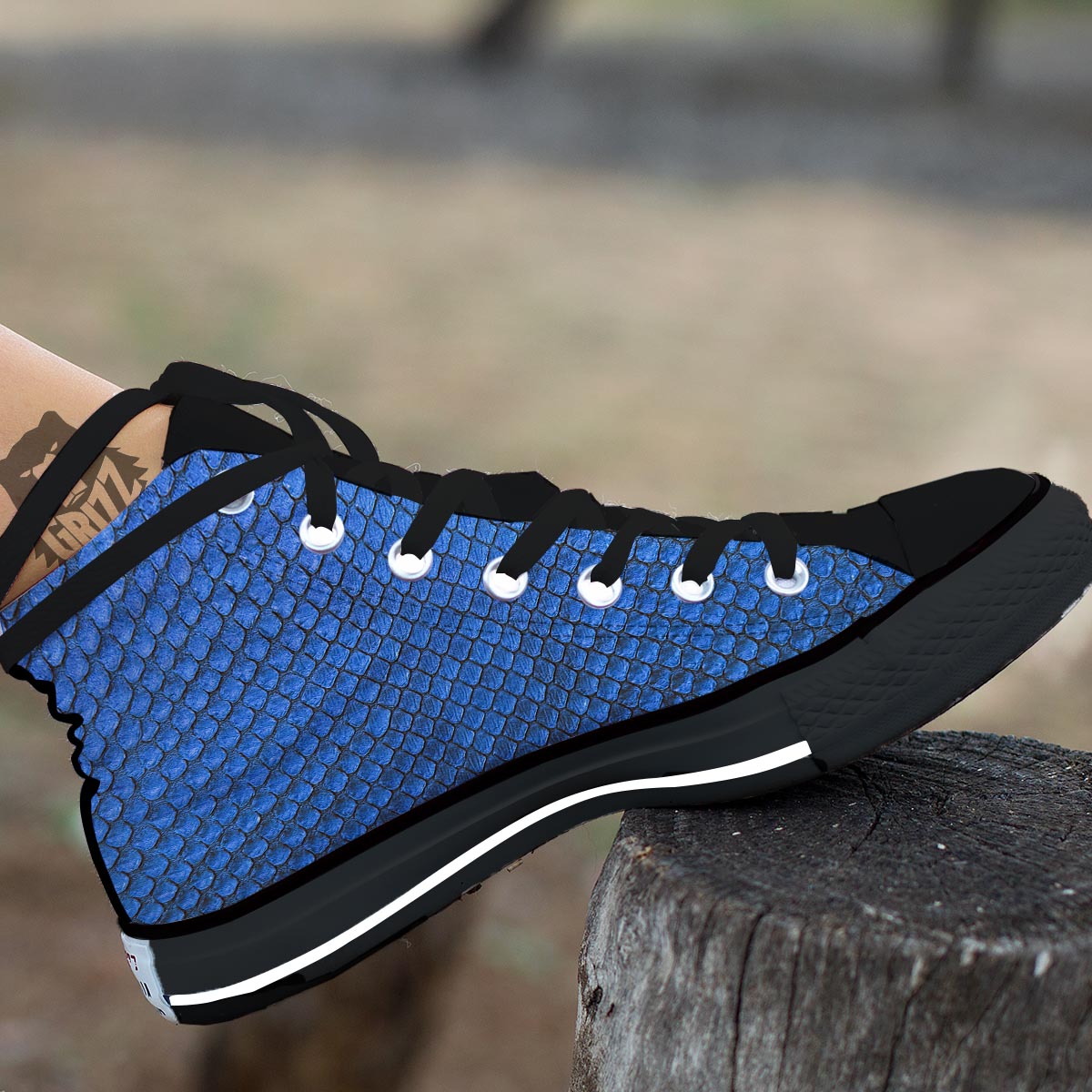 Snakeskin Steel Blue Print Black High Top Shoes-grizzshop