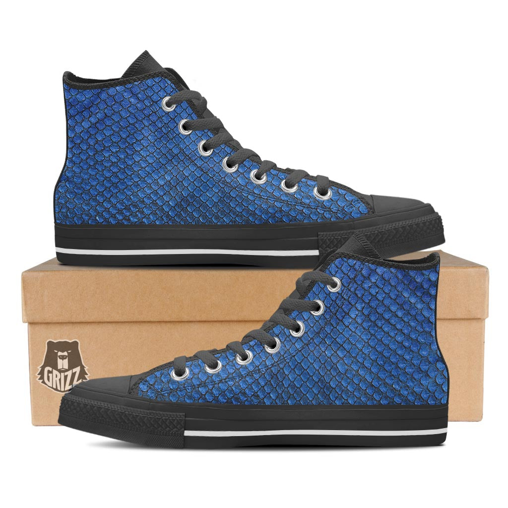 Snakeskin Steel Blue Print Black High Top Shoes-grizzshop