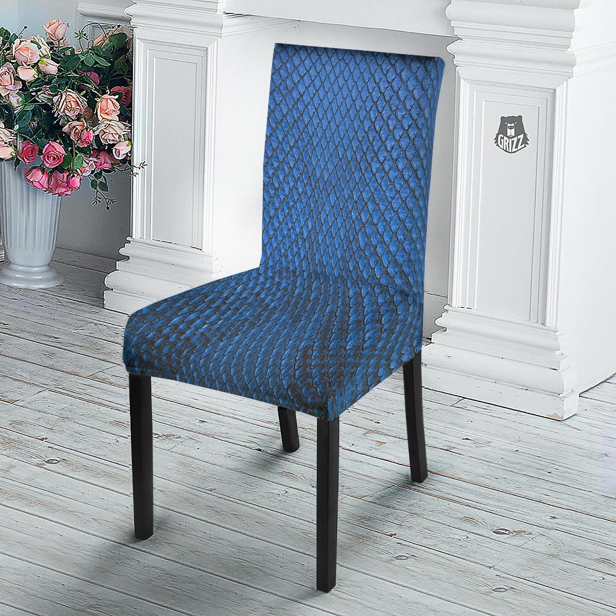 Snakeskin Steel Blue Print Dining Chair Slipcover-grizzshop
