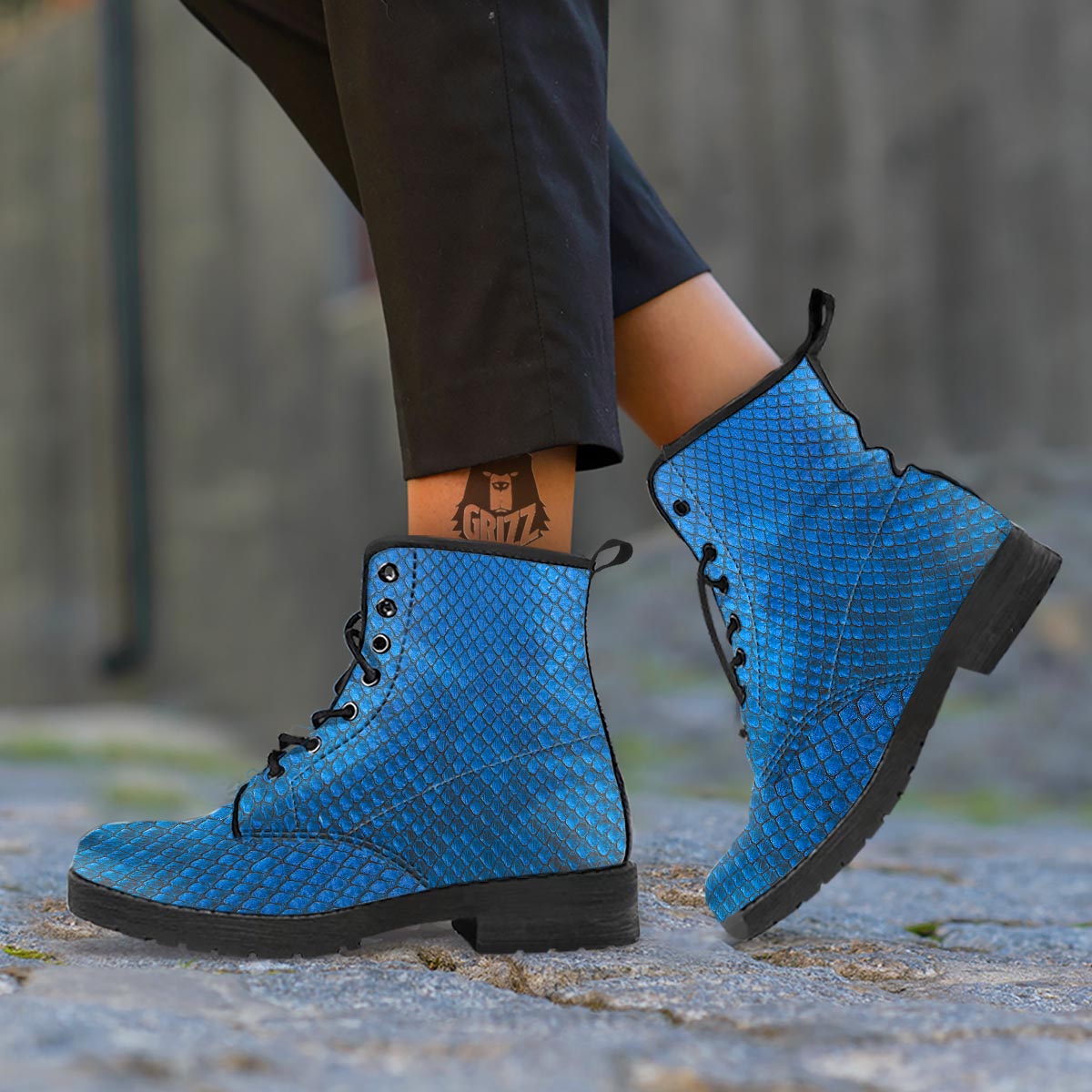 Snakeskin Steel Blue Print Leather Boots-grizzshop