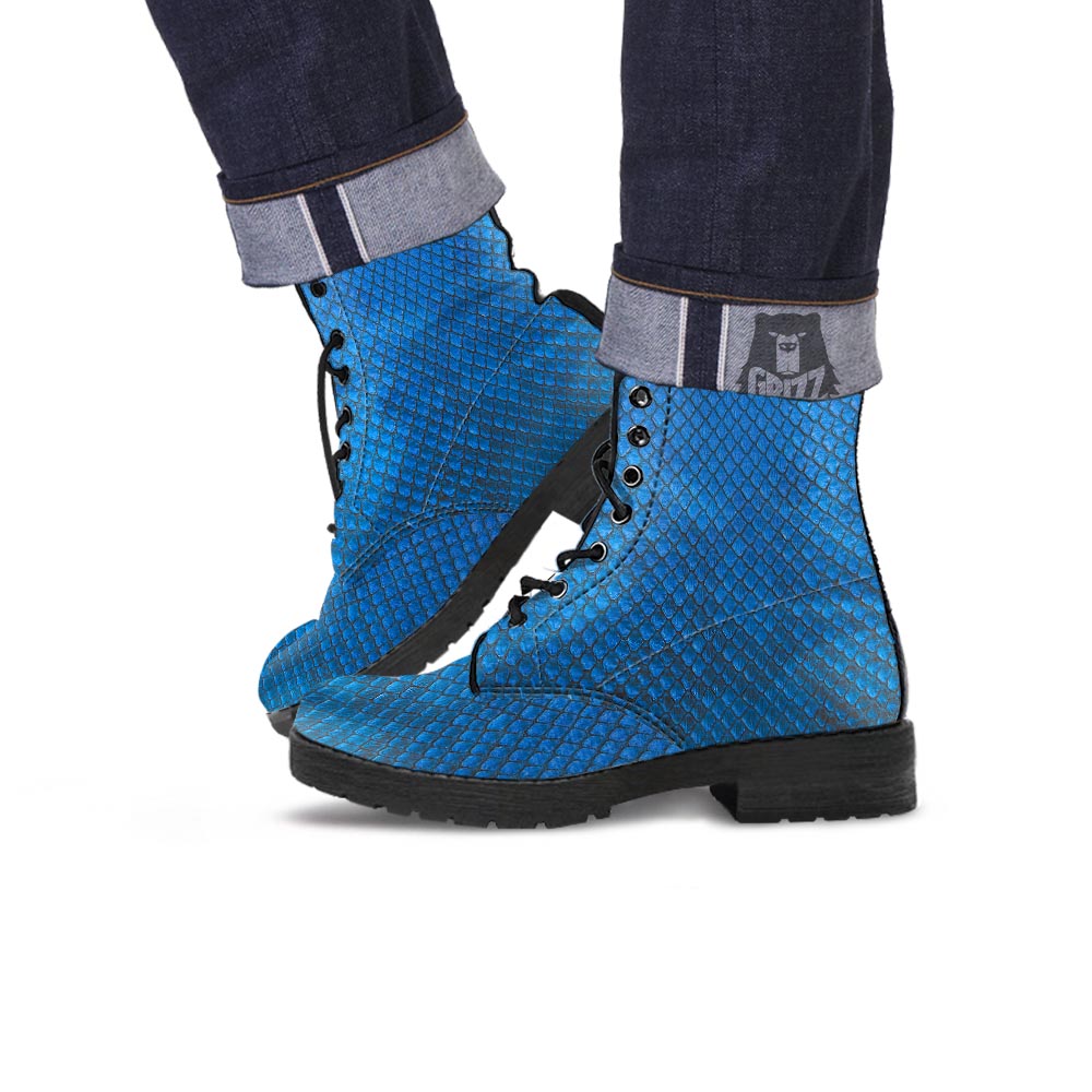 Snakeskin Steel Blue Print Leather Boots-grizzshop