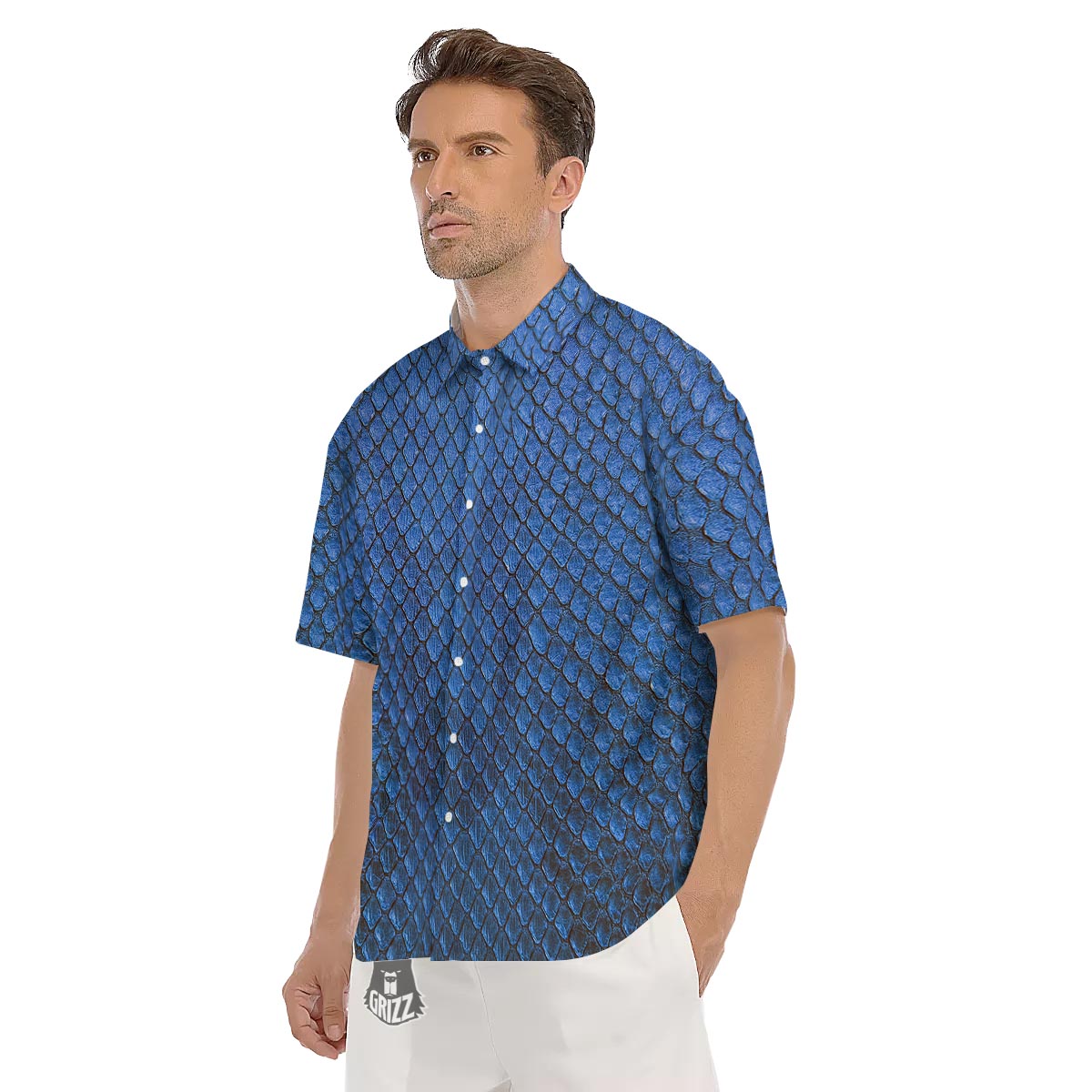 Snakeskin Steel Blue Print Men's Short Sleeve Shirts-grizzshop