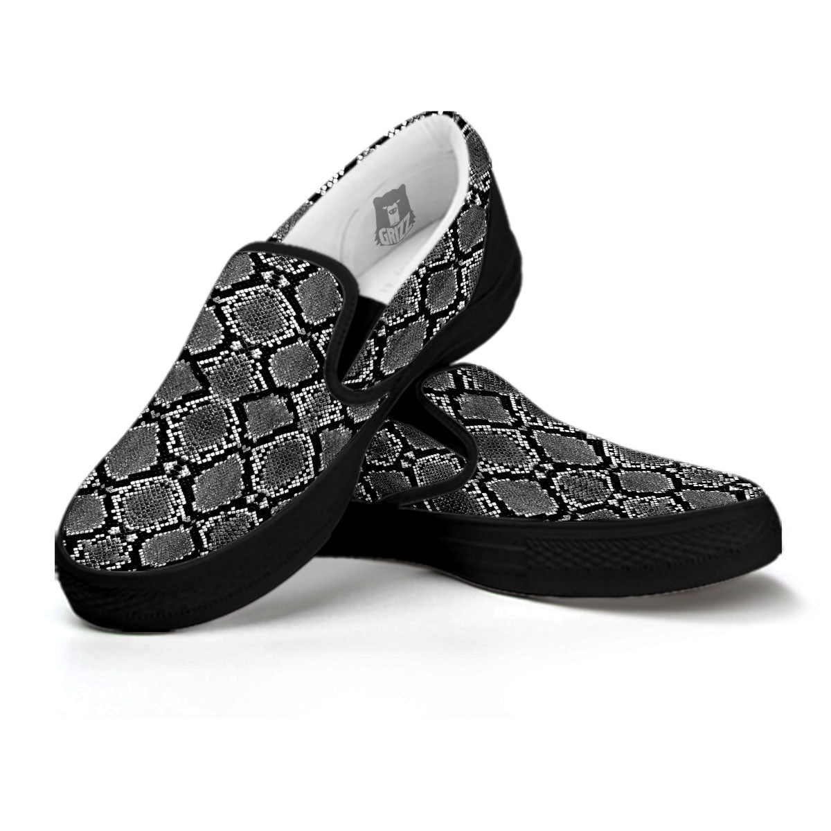 Snakeskin White And Black Print Black Slip On Shoes-grizzshop