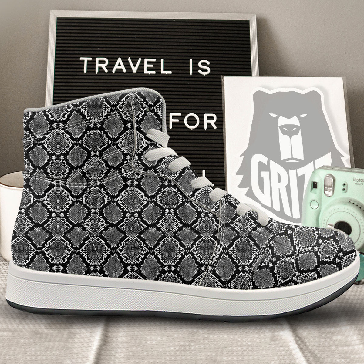 Snakeskin White And Black Print High Top Sneakers-grizzshop