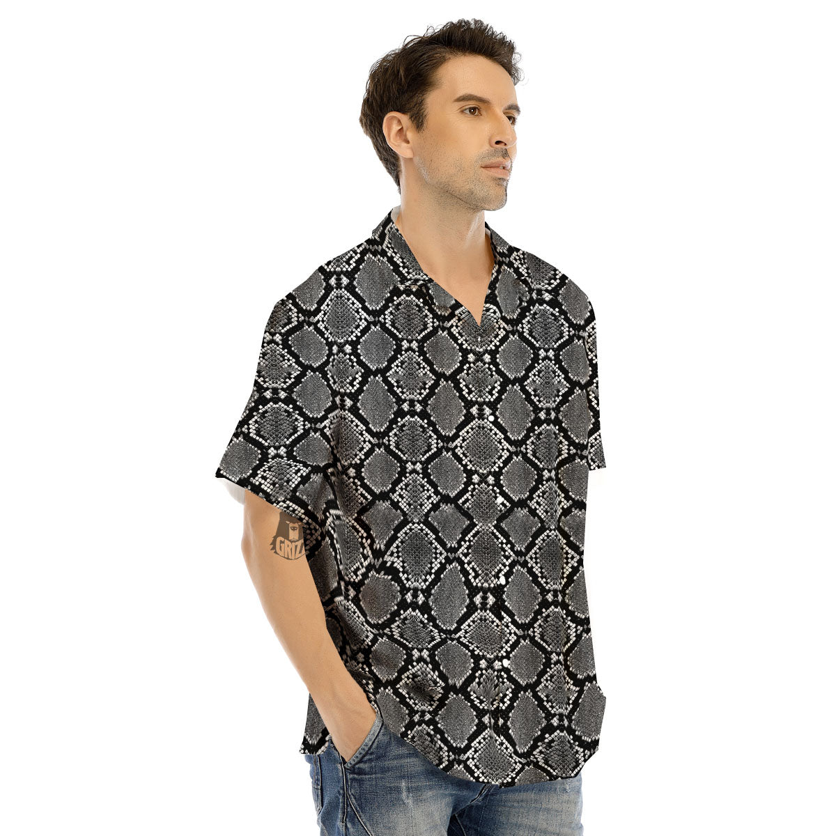 Snakeskin White And Black Print Men's Hawaiian Shirt-grizzshop