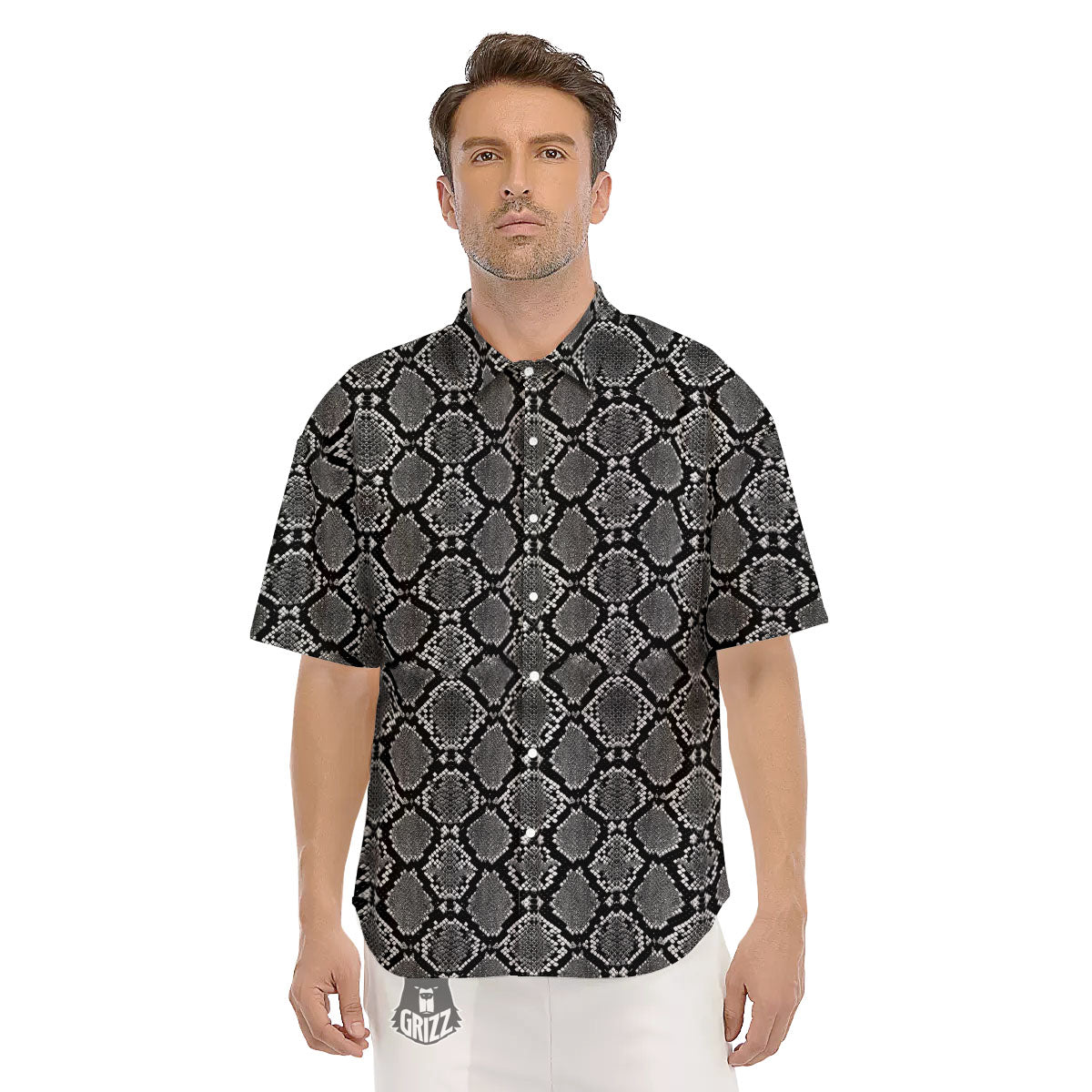 Snakeskin White And Black Print Men's Short Sleeve Shirts-grizzshop