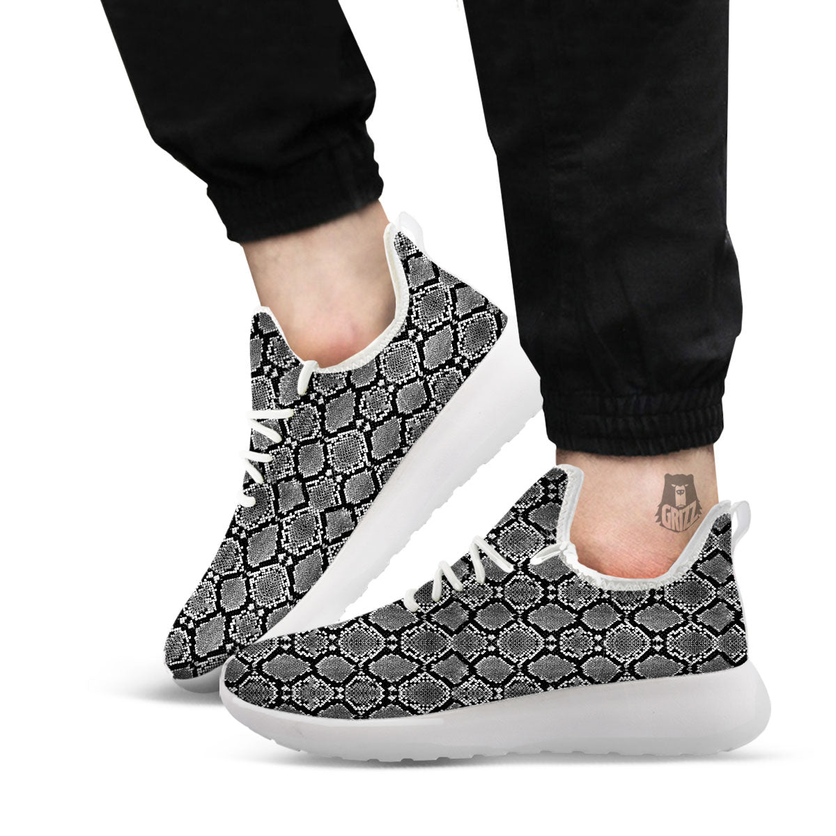 Snakeskin White And Black Print White Athletic Shoes-grizzshop