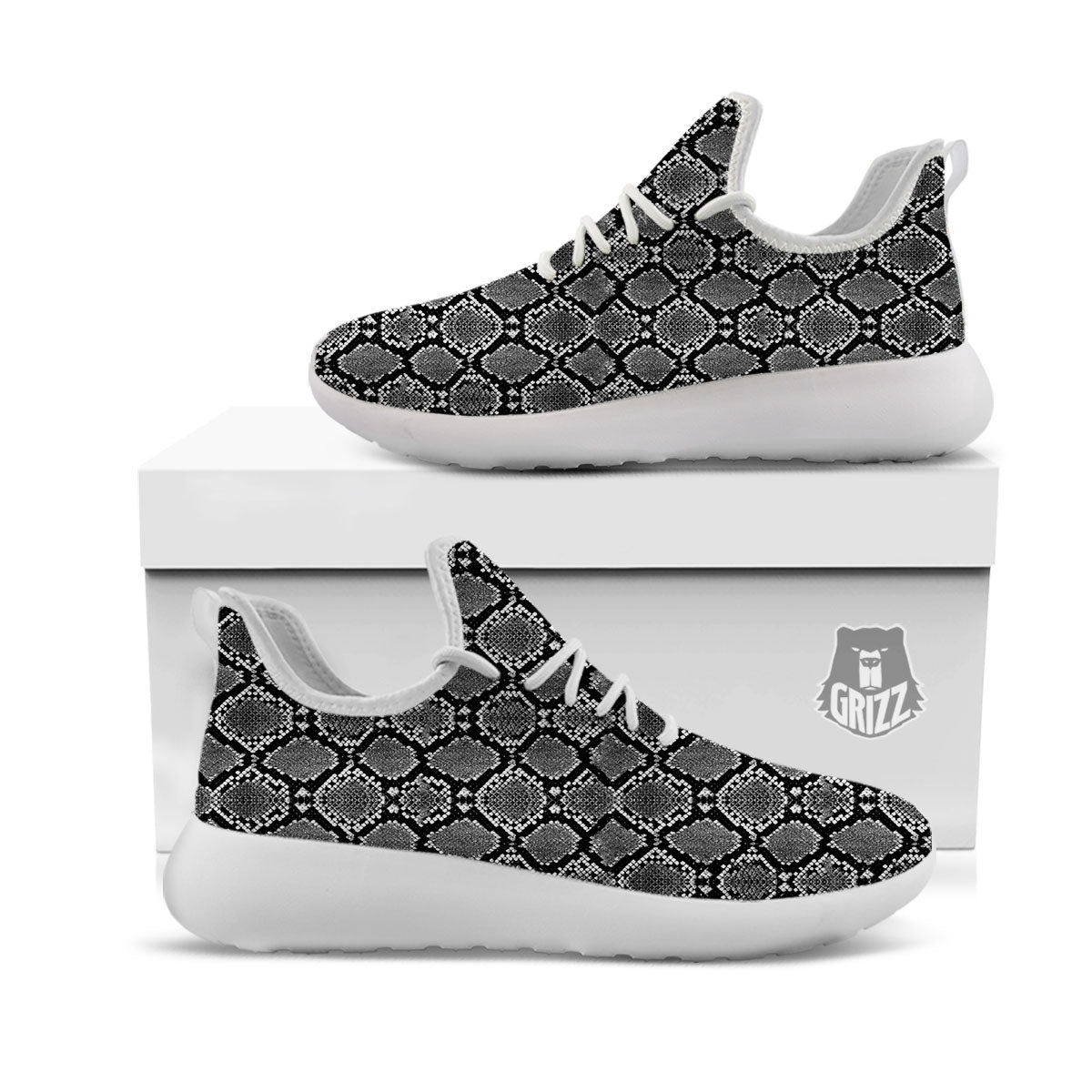 Snakeskin White And Black Print White Athletic Shoes-grizzshop