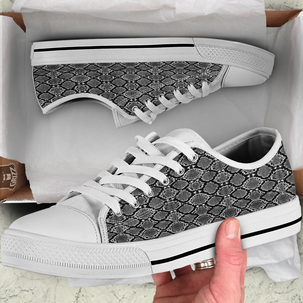 Snakeskin White And Black Print White Low Top Shoes-grizzshop