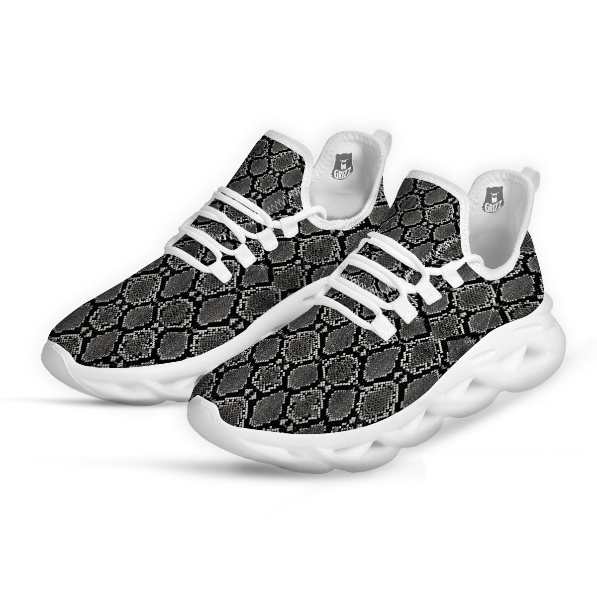 Snakeskin White And Black Print White Running Shoes-grizzshop