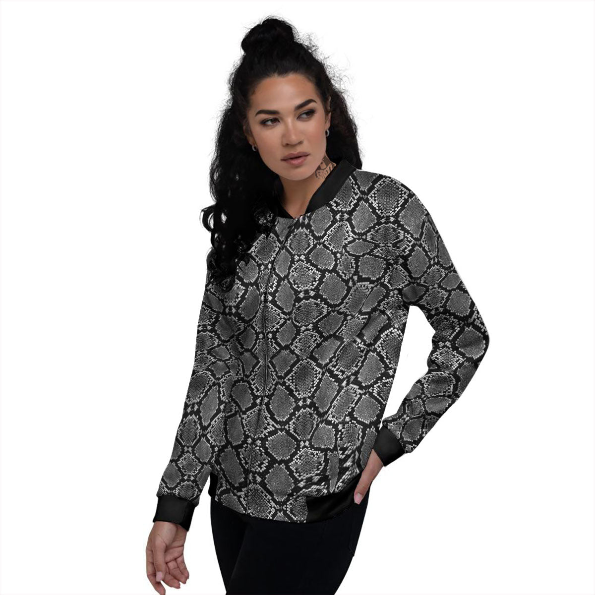 Snakeskin White And Black Print Women's Bomber Jacket-grizzshop