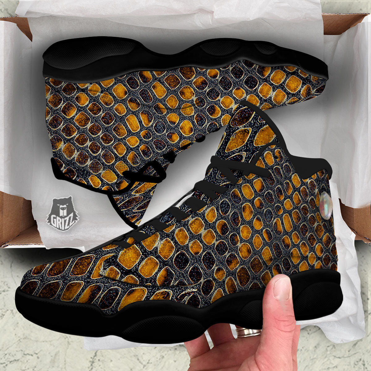 Snakeskin Yellow And Black Print Black Basketball Shoes-grizzshop