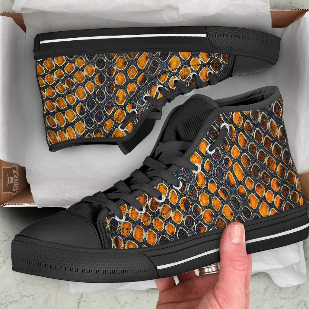 Snakeskin Yellow And Black Print Black High Top Shoes-grizzshop