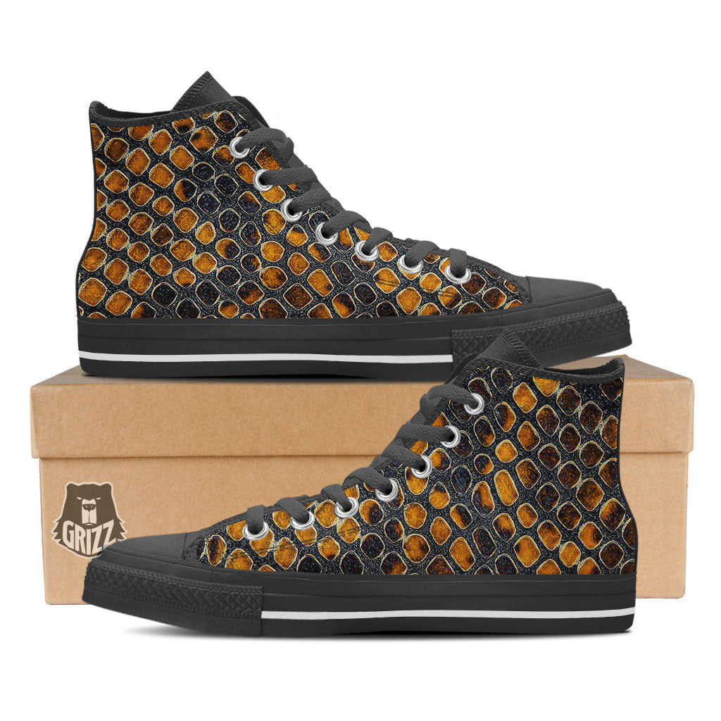Snakeskin Yellow And Black Print Black High Top Shoes-grizzshop