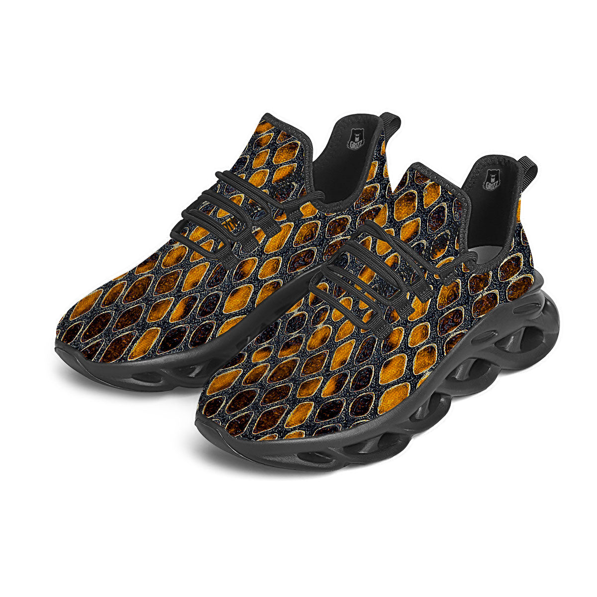 Snakeskin Yellow And Black Print Black Running Shoes-grizzshop