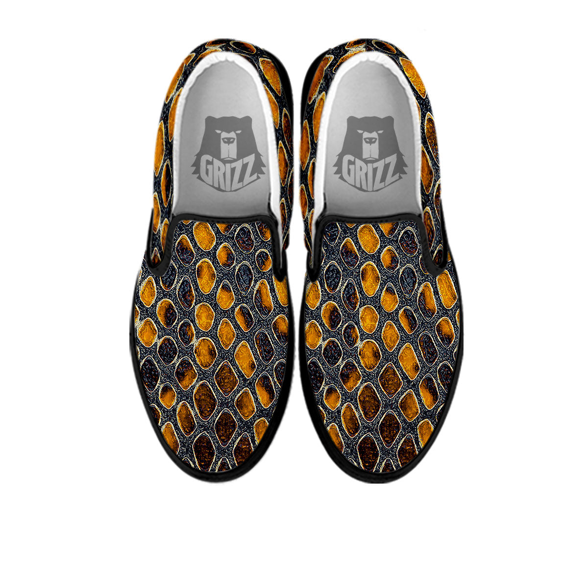Snakeskin Yellow And Black Print Black Slip On Shoes-grizzshop