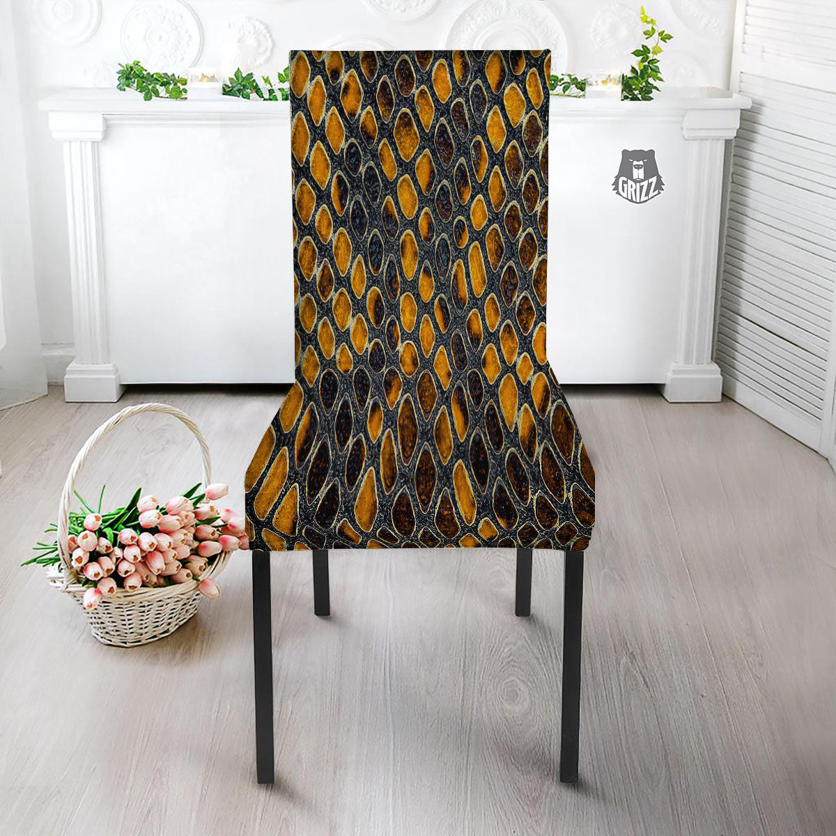 Snakeskin Yellow And Black Print Dining Chair Slipcover-grizzshop
