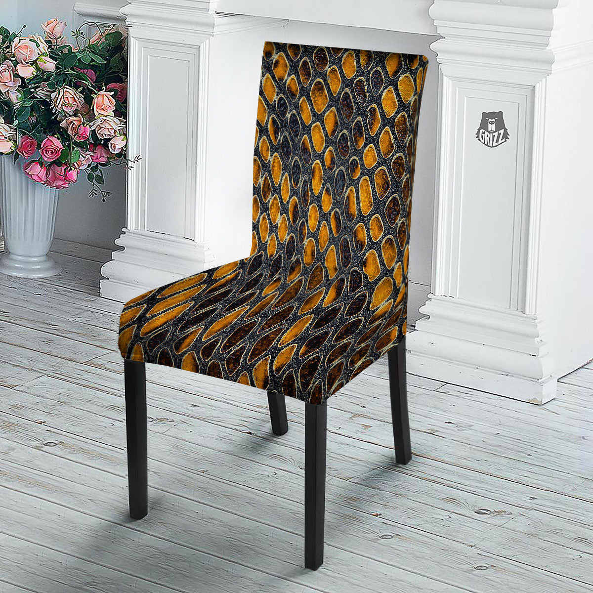 Snakeskin Yellow And Black Print Dining Chair Slipcover-grizzshop