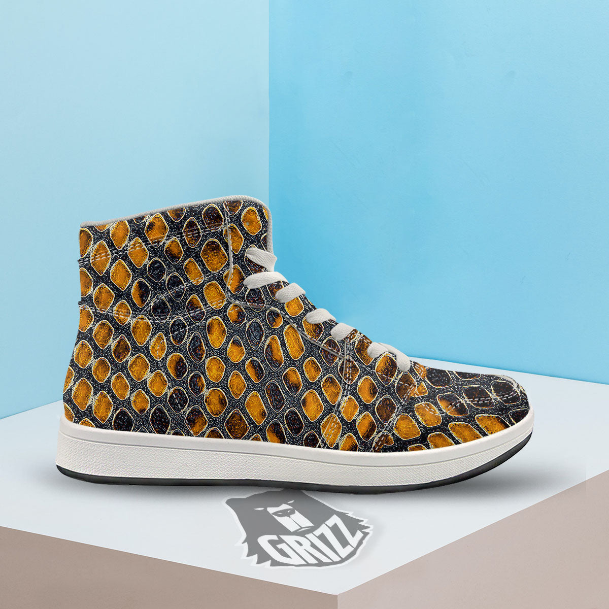 Snakeskin Yellow And Black Print High Top Sneakers-grizzshop