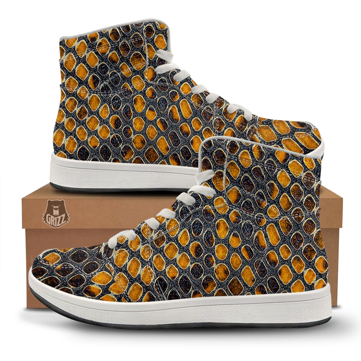 Snakeskin Yellow And Black Print High Top Sneakers-grizzshop