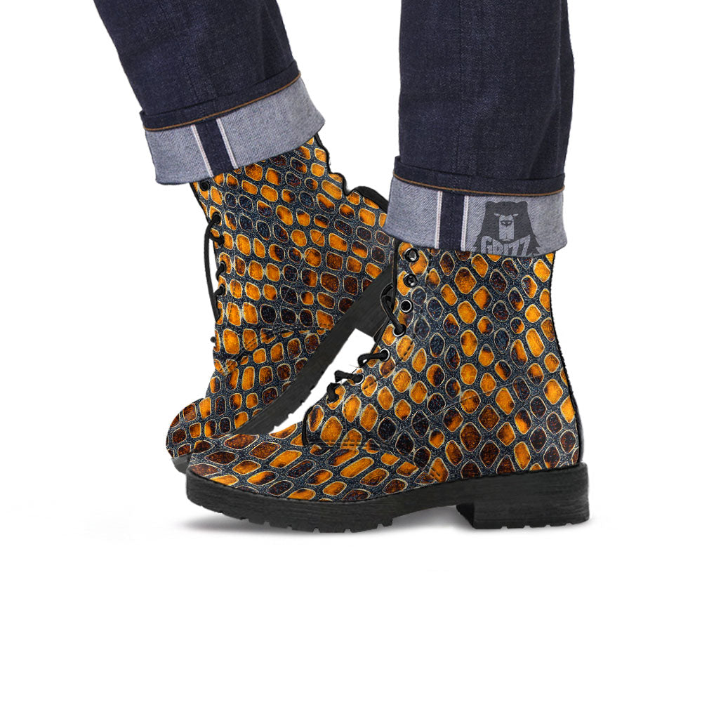 Snakeskin Yellow And Black Print Leather Boots-grizzshop