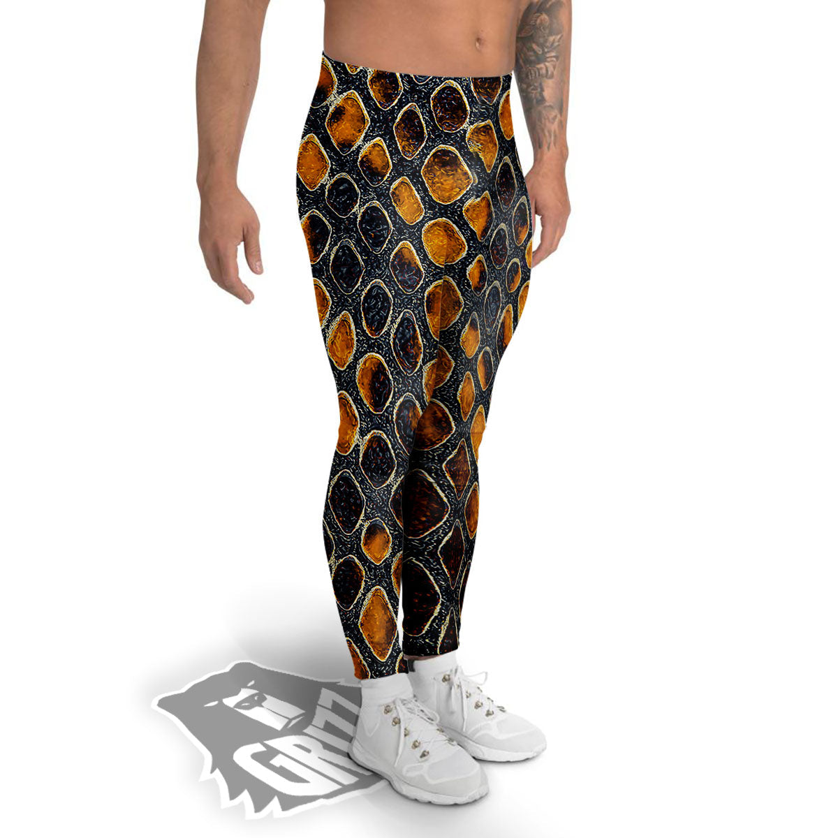 Snakeskin Yellow And Black Print Men's Leggings-grizzshop